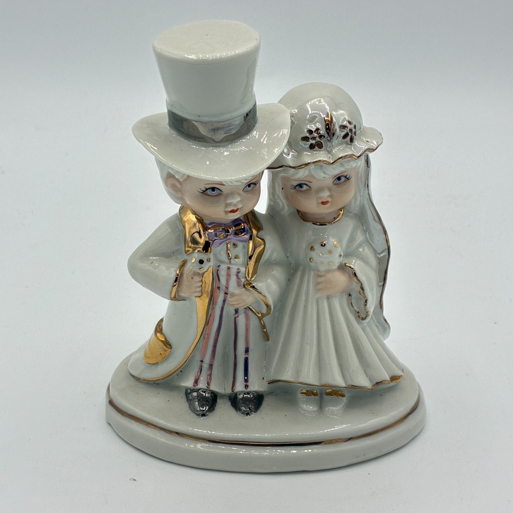 Vintage Porcelain Bride Groom Wedding Cake Topper Big Eyes Gold Trim
